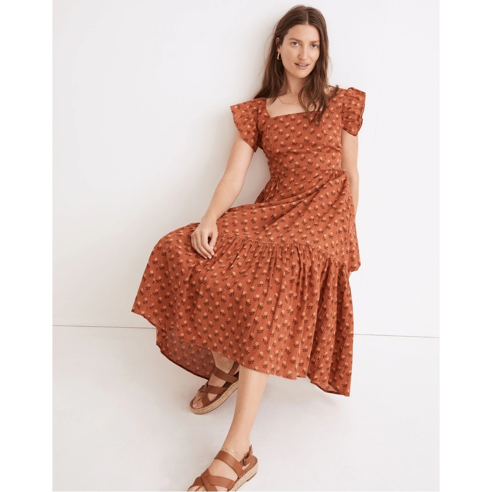 Madewell Ruffle-Strap Tiered Midi Dress in Wild Calendula Block-Print - Picture 3 of 11